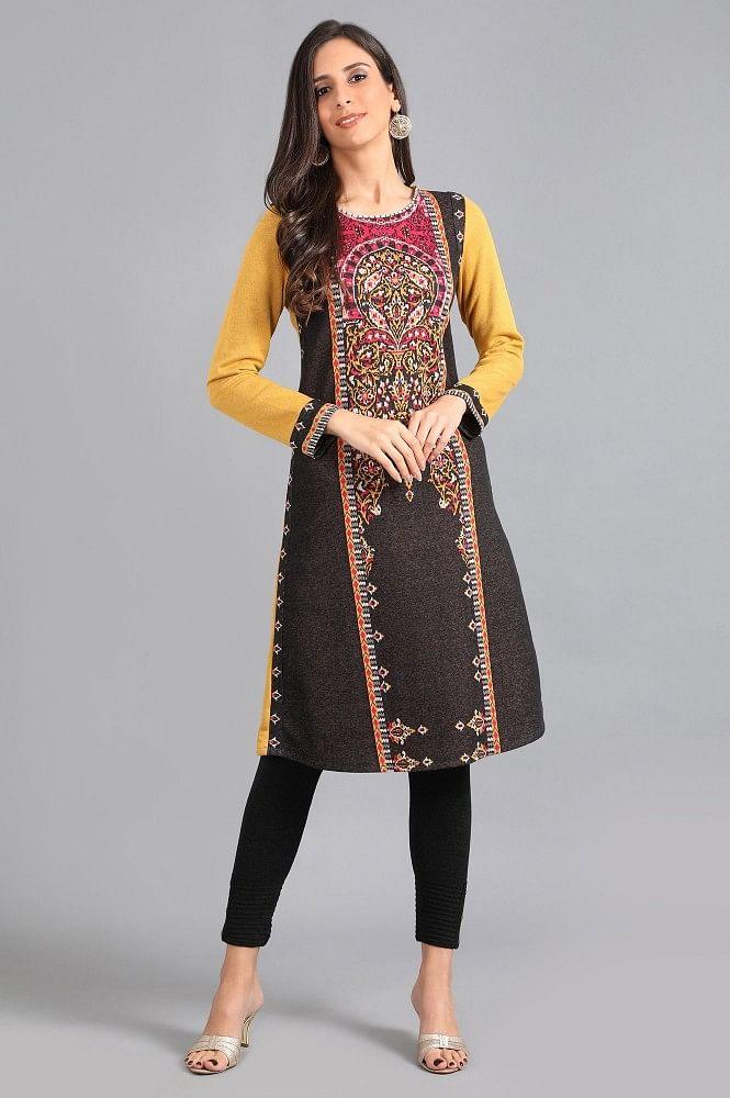 Yellow Round Neck Yarn-dyed Winter kurta - wforwoman