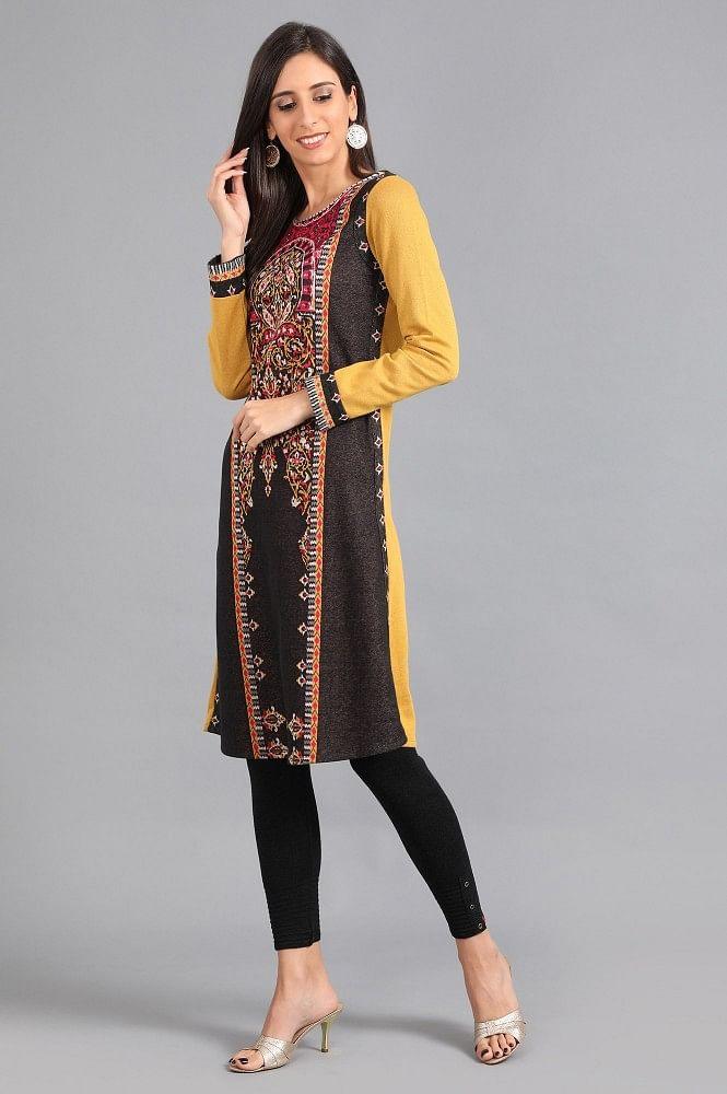 Yellow Round Neck Yarn-dyed Winter kurta - wforwoman