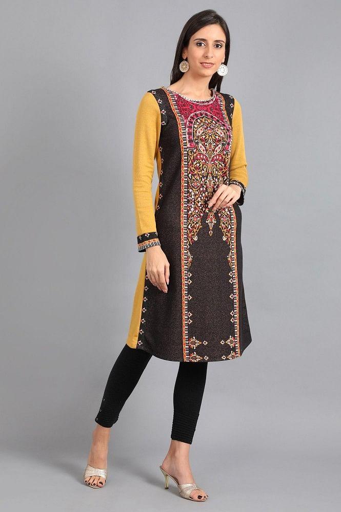 Yellow Round Neck Yarn-dyed Winter kurta - wforwoman