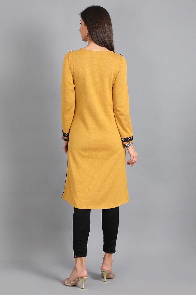 Yellow Round Neck Yarn-dyed Winter kurta - wforwoman