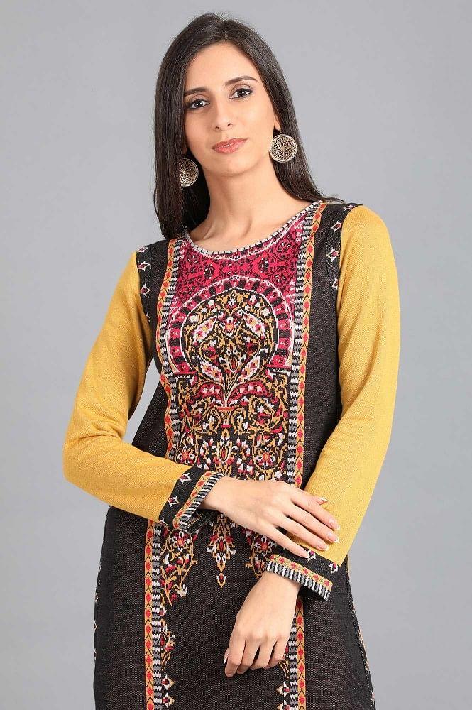 Yellow Round Neck Yarn-dyed Winter kurta - wforwoman