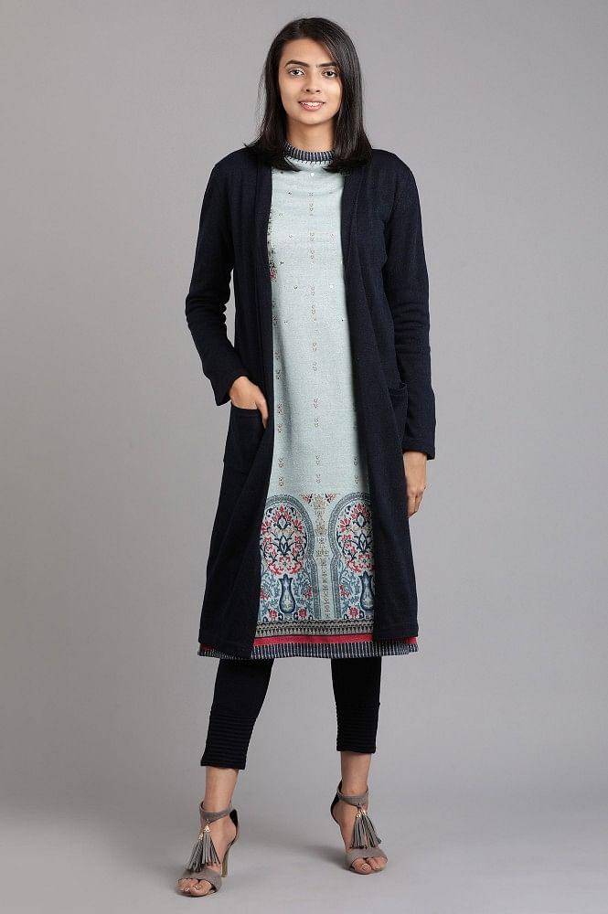 Blue Mandarin Neck Yarn-dyed Winter kurta - wforwoman