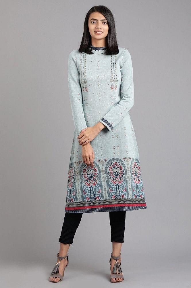 Blue Mandarin Neck Yarn-dyed Winter kurta - wforwoman