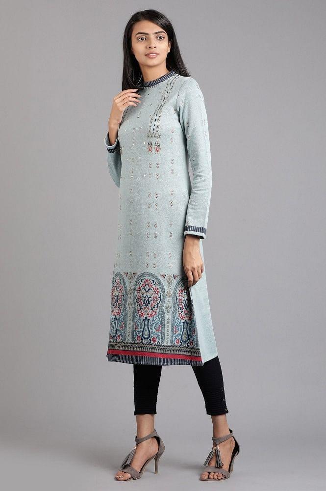 Blue Mandarin Neck Yarn-dyed Winter kurta - wforwoman