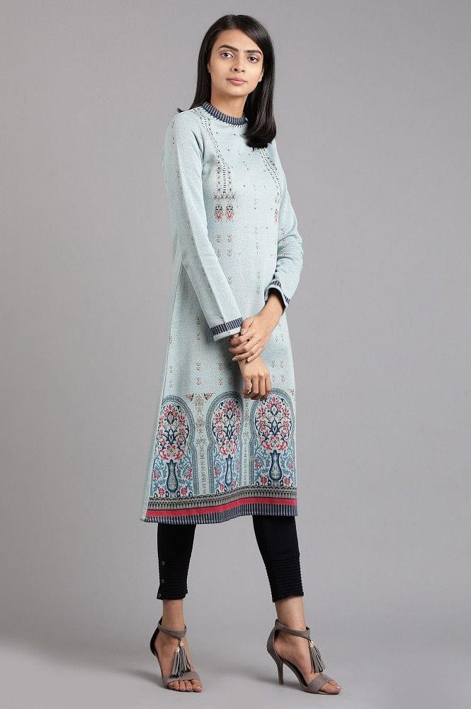 Blue Mandarin Neck Yarn-dyed Winter kurta - wforwoman