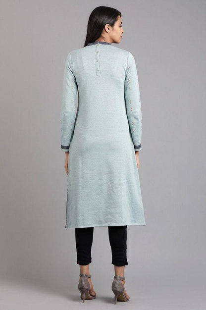 Blue Mandarin Neck Yarn-dyed Winter kurta - wforwoman