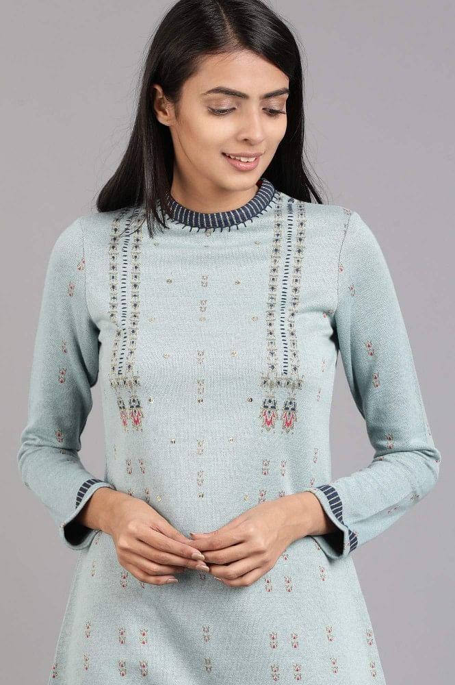 Blue Mandarin Neck Yarn-dyed Winter kurta - wforwoman