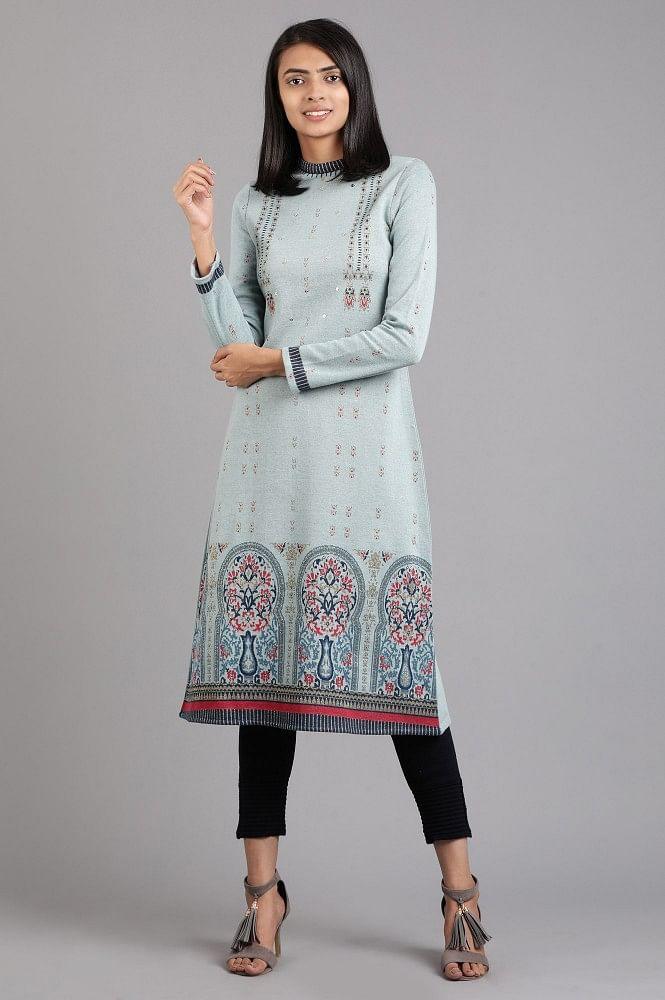 Blue Mandarin Neck Yarn-dyed Winter kurta - wforwoman