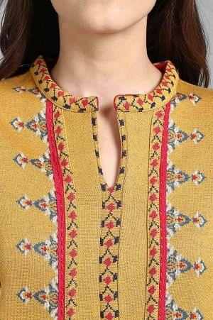 Yellow Mandarin Neck Yarn-dyed Winter kurta - wforwoman