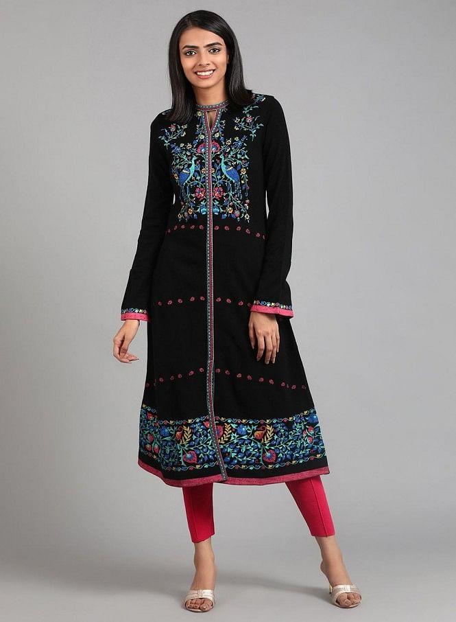 Black Round Neck Winter kurta - wforwoman