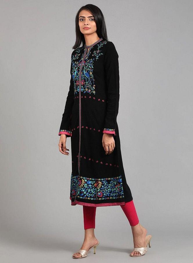 Black Round Neck Winter kurta - wforwoman