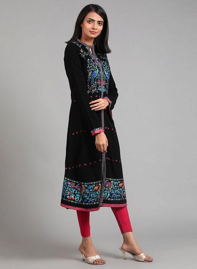 Black Round Neck Winter kurta - wforwoman