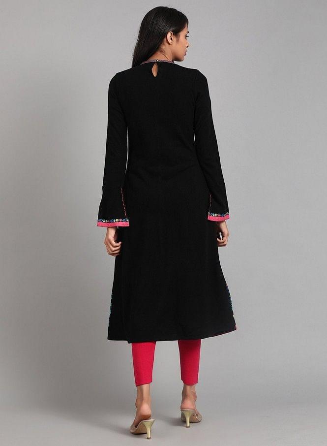 Black Round Neck Winter kurta - wforwoman