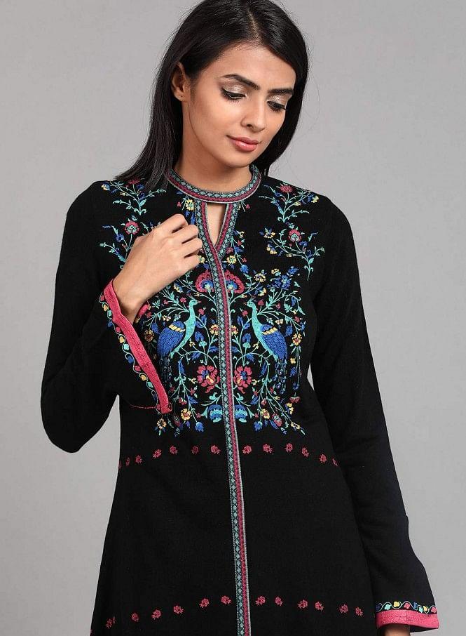 Black Round Neck Winter kurta - wforwoman