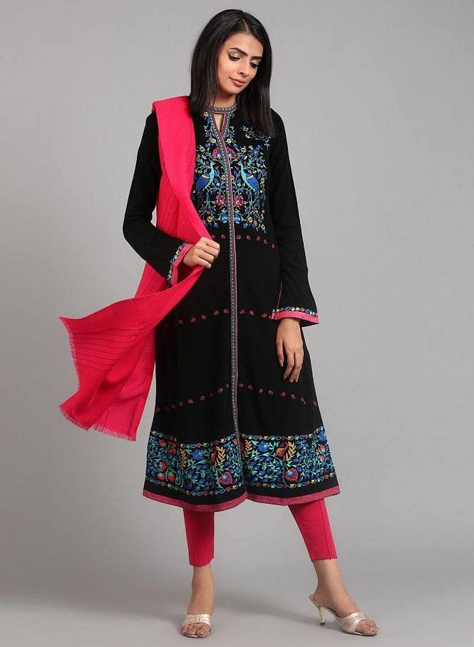 Black Round Neck Winter kurta - wforwoman