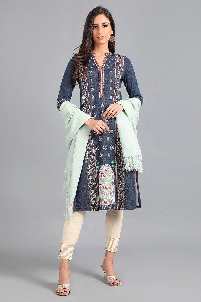 Blue Mandarin Neck Yarn-dyed Winter kurta - wforwoman