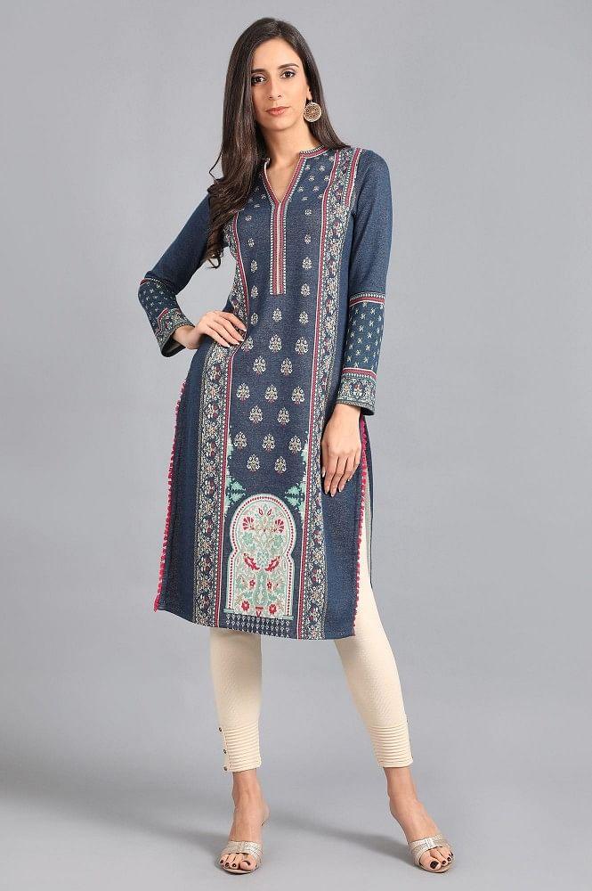 Blue Mandarin Neck Yarn-dyed Winter kurta - wforwoman