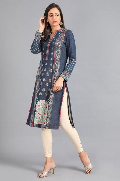 Blue Mandarin Neck Yarn-dyed Winter kurta - wforwoman