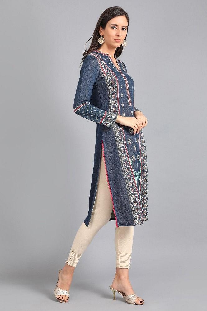 Blue Mandarin Neck Yarn-dyed Winter kurta - wforwoman