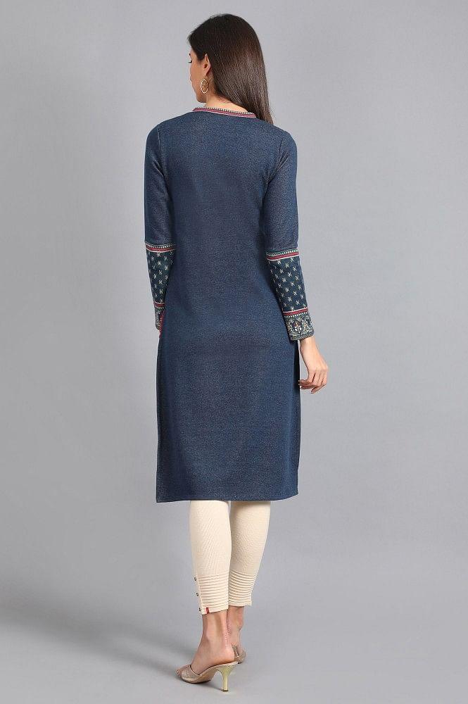 Blue Mandarin Neck Yarn-dyed Winter kurta - wforwoman