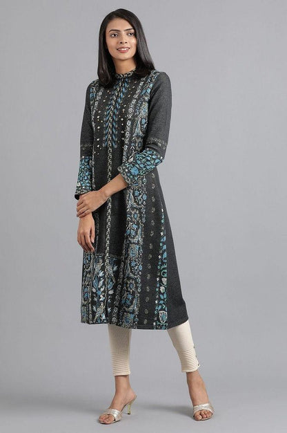 Blue Mandarin Neck Yarn-dyed Winter kurta - wforwoman