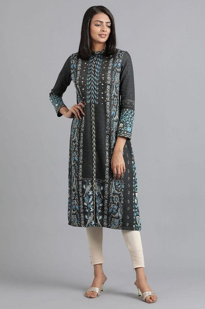 Blue Mandarin Neck Yarn-dyed Winter kurta - wforwoman