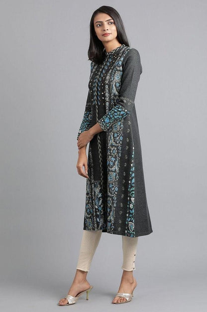 Blue Mandarin Neck Yarn-dyed Winter kurta - wforwoman