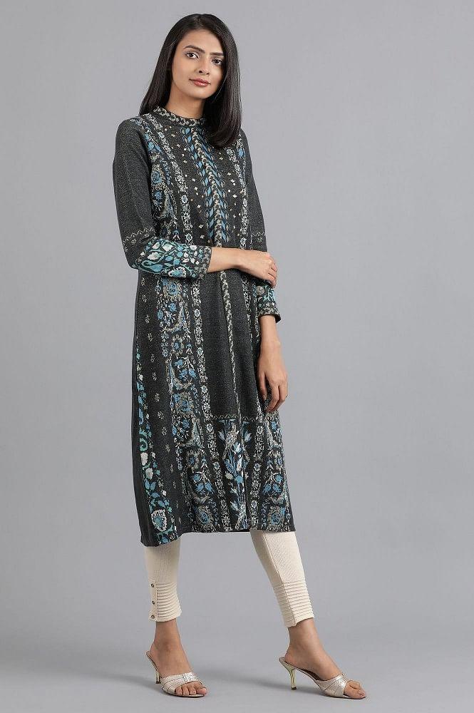 Blue Mandarin Neck Yarn-dyed Winter kurta - wforwoman