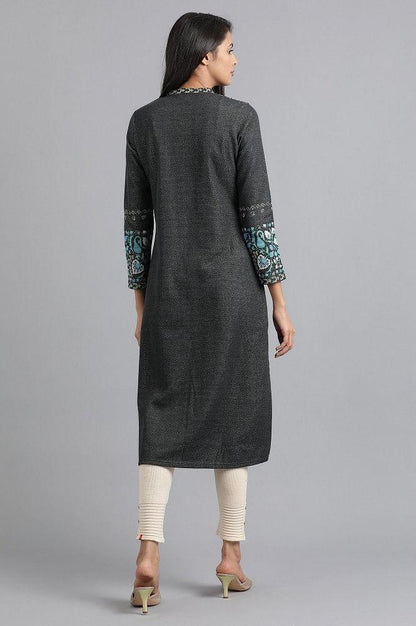 Blue Mandarin Neck Yarn-dyed Winter kurta - wforwoman