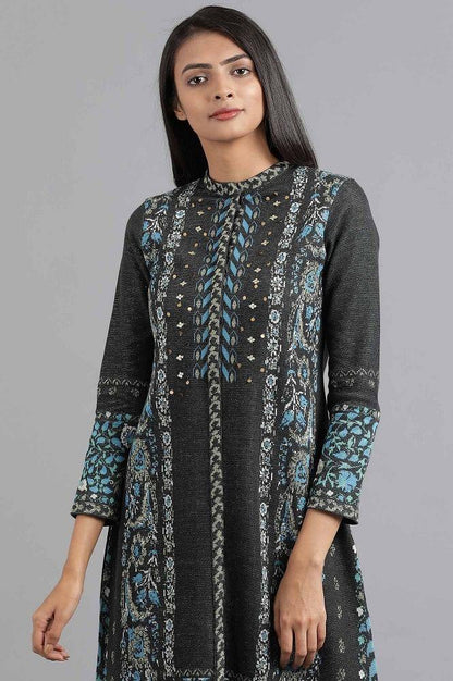 Blue Mandarin Neck Yarn-dyed Winter kurta - wforwoman