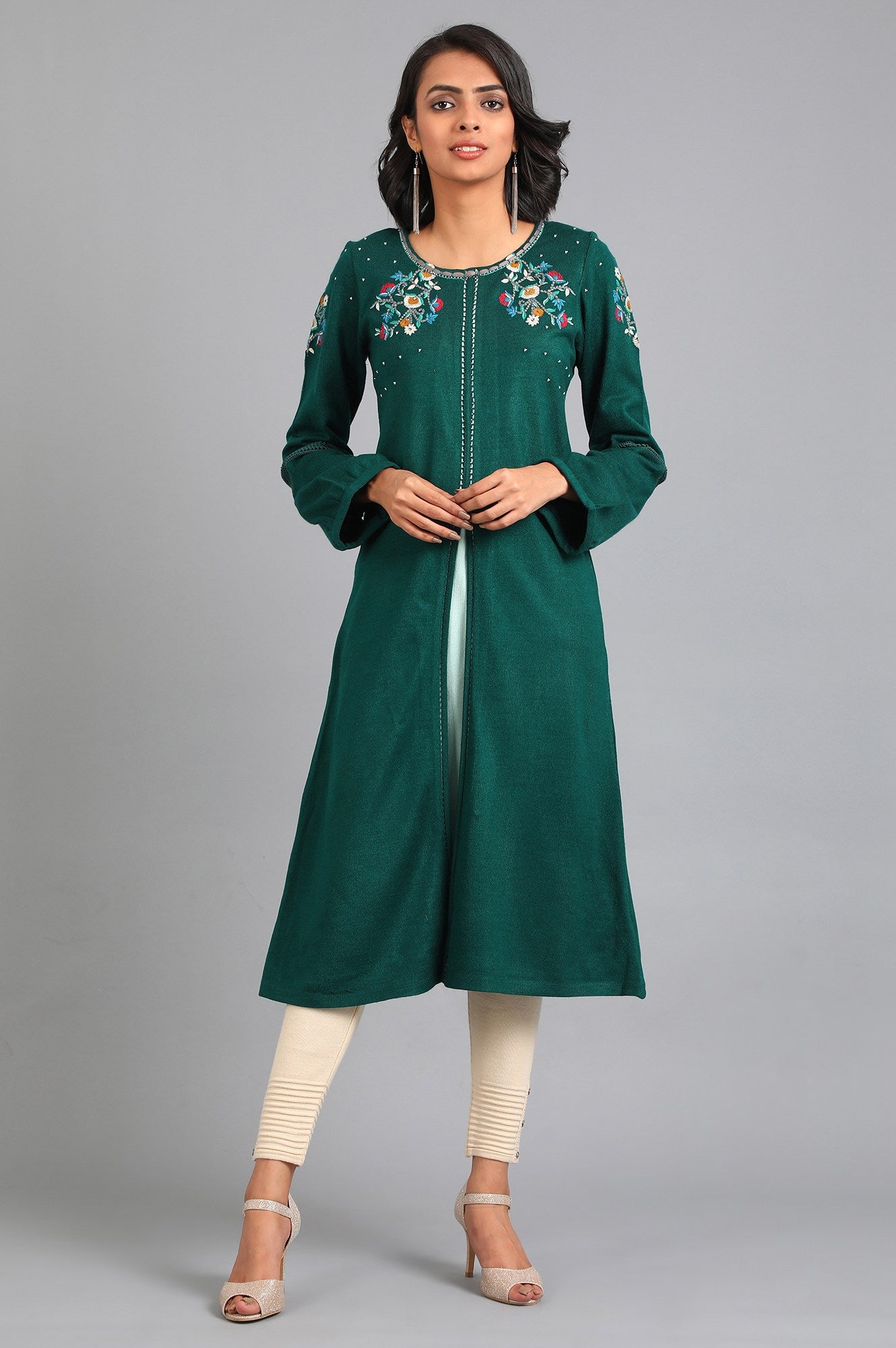 Green Round Neck Winter Kurta