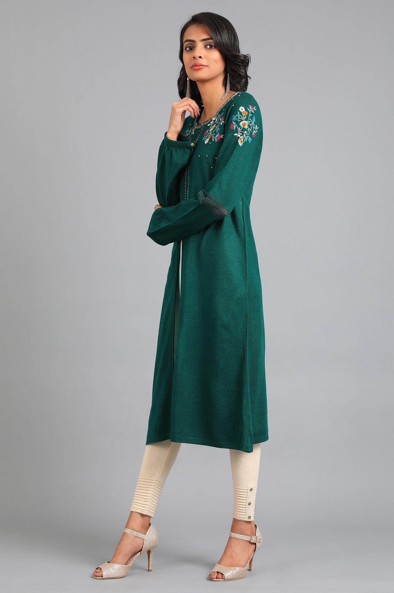 Green Round Neck Winter Kurta