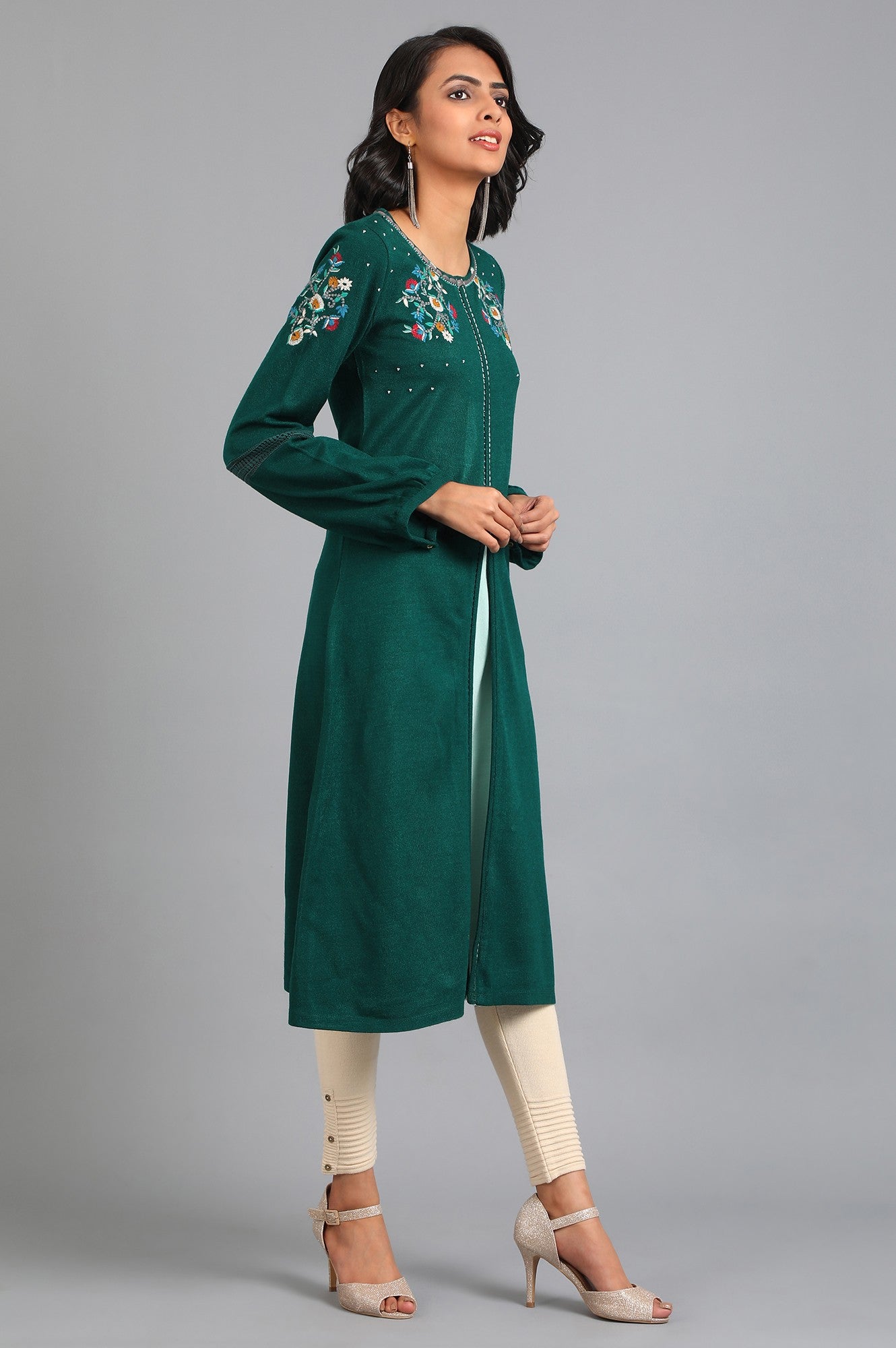 Green Round Neck Winter Kurta