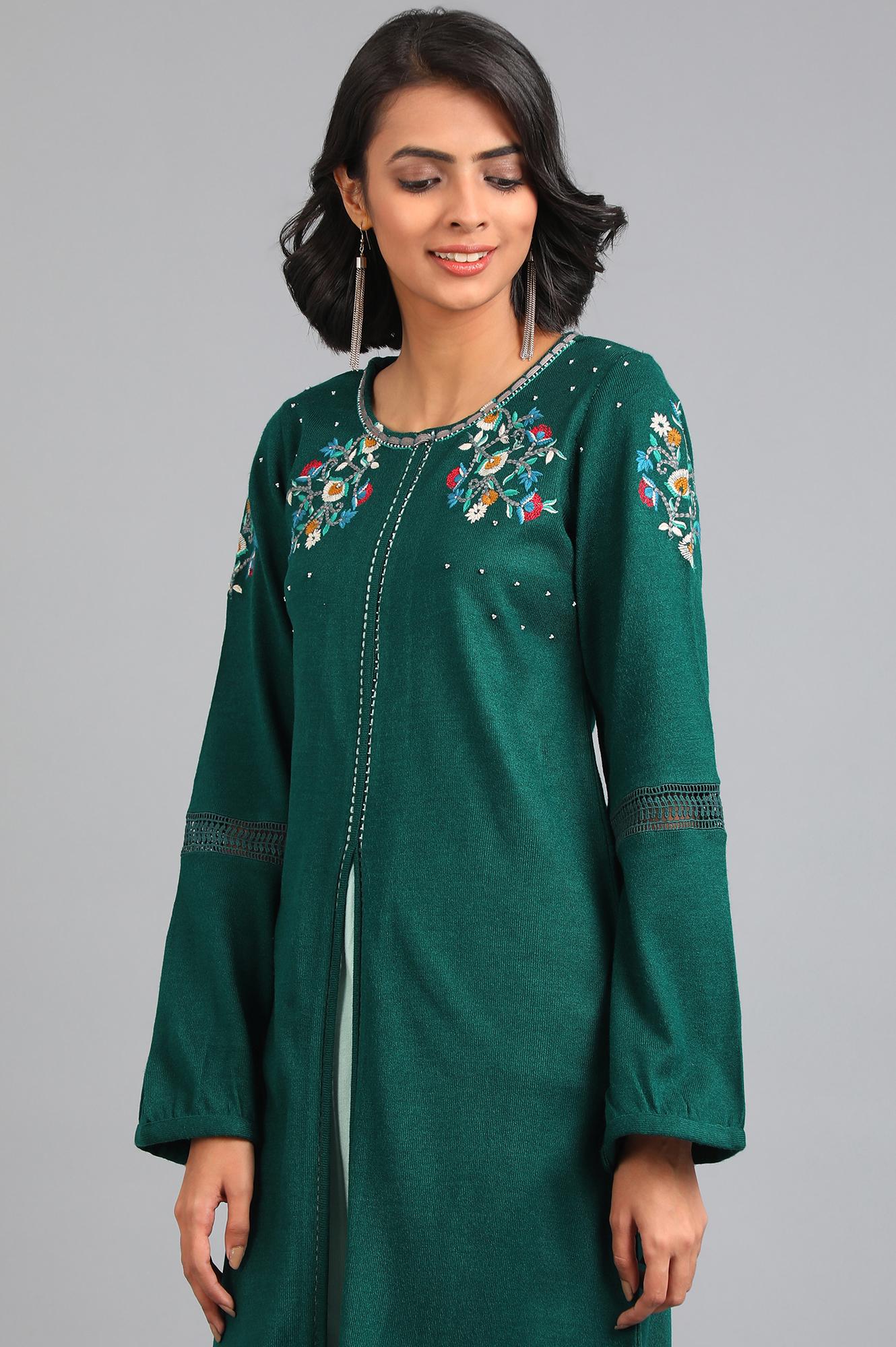 Green Round Neck Winter Kurta