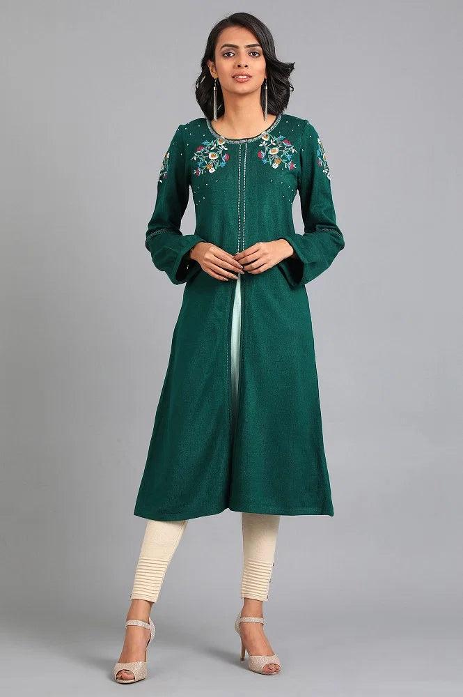 Green Round Neck Winter kurta - wforwoman