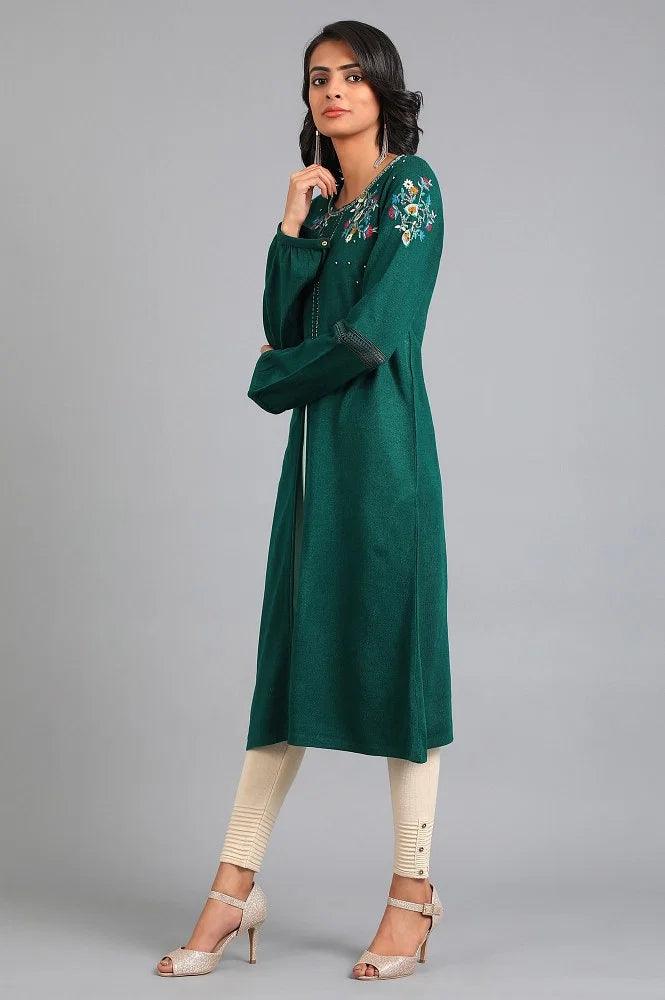 Green Round Neck Winter kurta - wforwoman