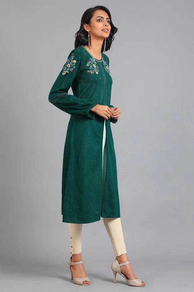 Green Round Neck Winter kurta - wforwoman