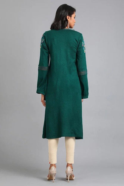 Green Round Neck Winter kurta - wforwoman