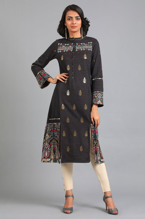 Grey Mandarin Neck Yarn-dyed Winter kurta