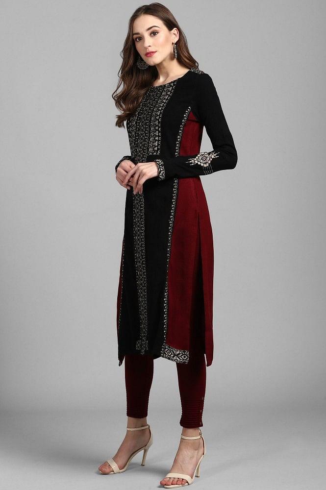 Black Round Neck Winter kurta - wforwoman