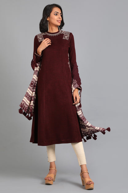 Maroon Round Neck Solid Winter kurta