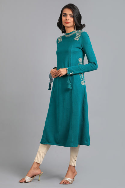 Blue Round Neck Solid Winter kurta