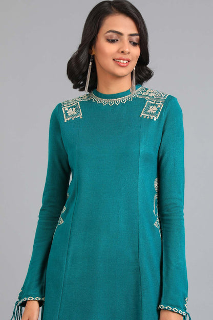 Blue Round Neck Solid Winter kurta