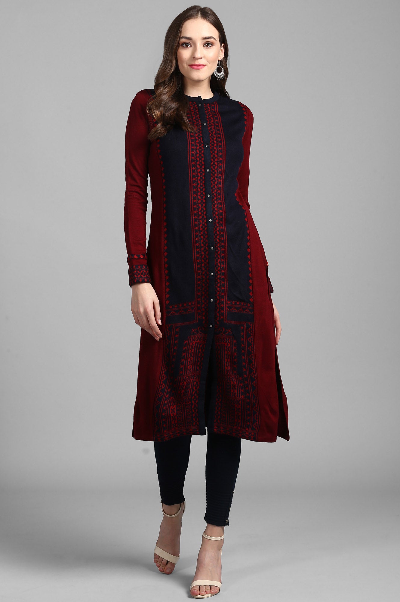 Maroon Mandarin Neck Solid Winter kurta