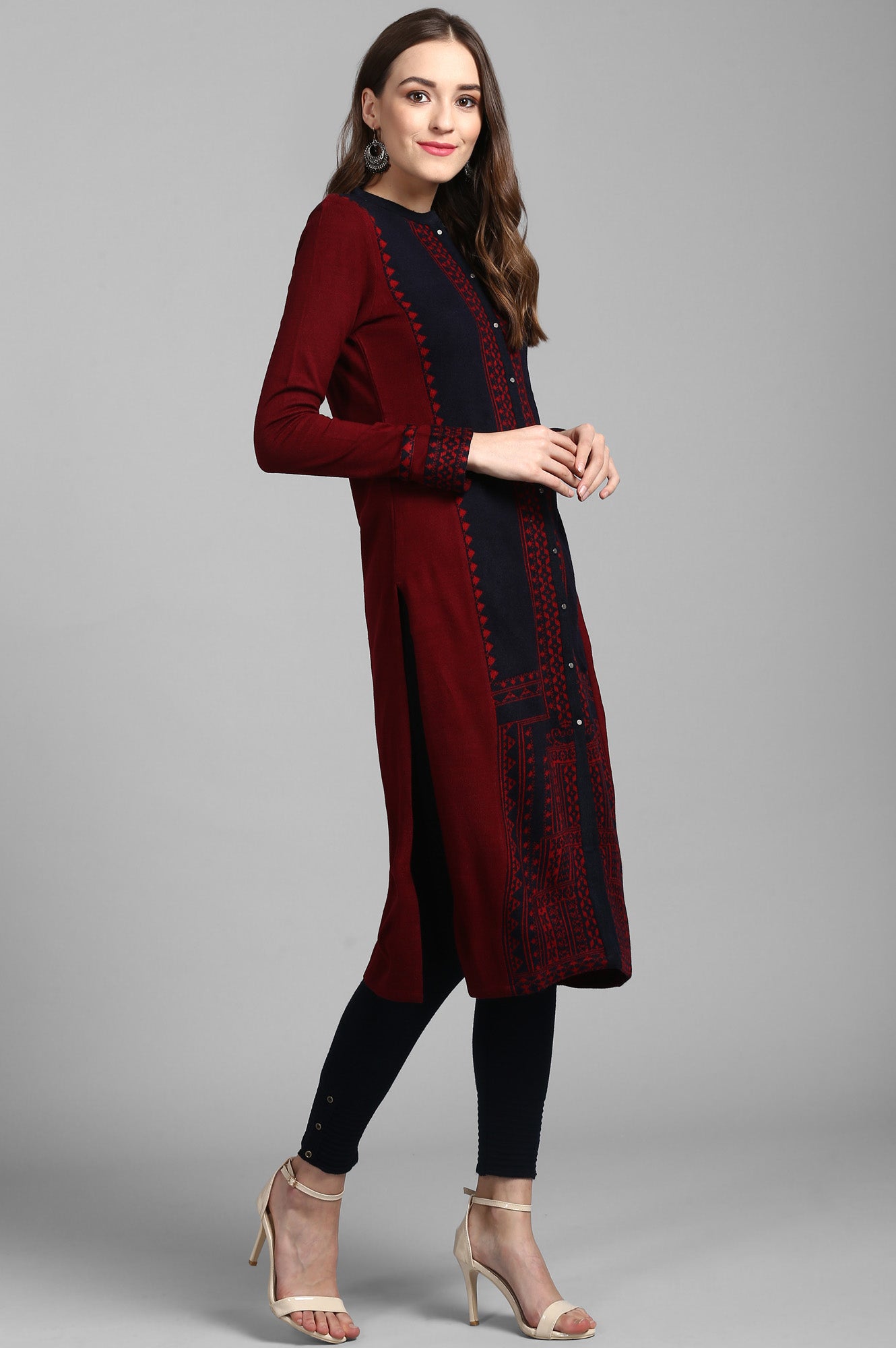 Maroon Mandarin Neck Solid Winter kurta