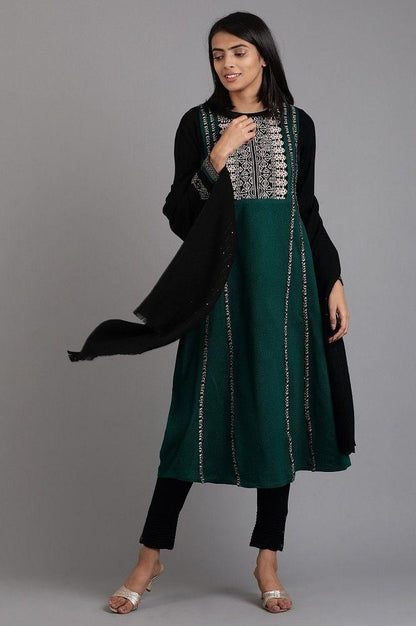 Green Round Neck Solid Winter kurta - wforwoman