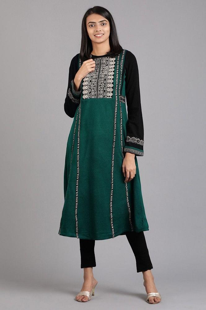 Green Round Neck Solid Winter kurta - wforwoman