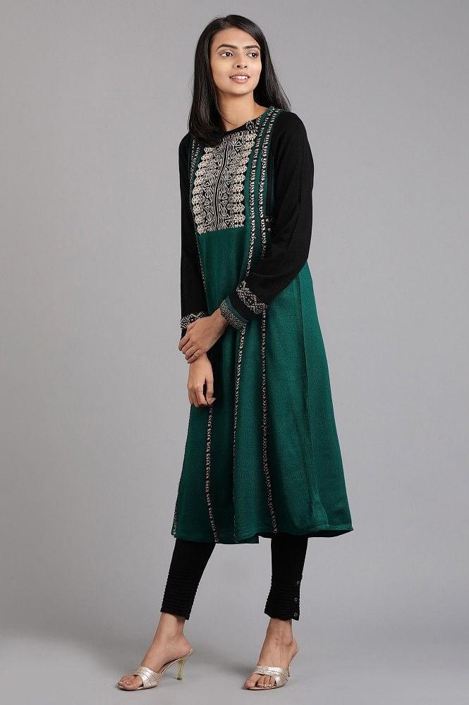 Green Round Neck Solid Winter kurta - wforwoman