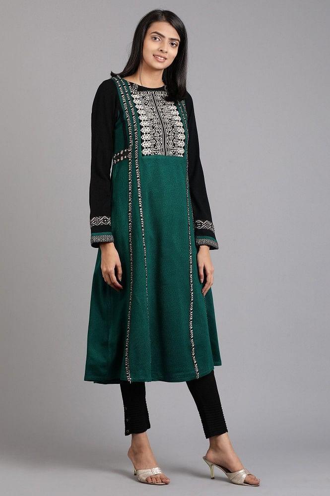 Green Round Neck Solid Winter kurta - wforwoman