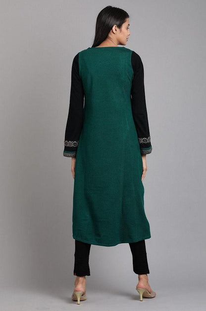 Green Round Neck Solid Winter kurta - wforwoman